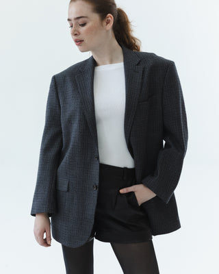 Wool Oversized Blazer in Gray Navy Plaid