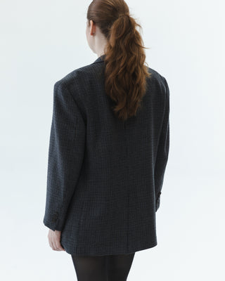 Wool Oversized Blazer in Gray Navy Plaid