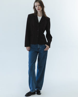 Wool Blazer in Dark Brown Pinstripe