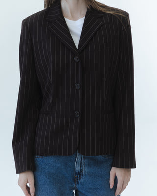 Wool Blazer in Dark Brown Pinstripe