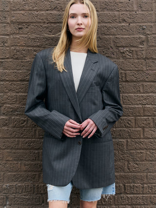 Classic Oversized Wool Blazer in Gray Pinstriped