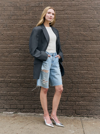 Classic Oversized Wool Blazer in Gray Pinstriped
