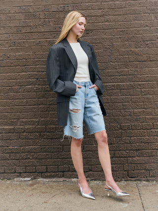 Classic Oversized Wool Blazer in Gray Pinstriped