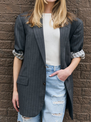 Classic Oversized Wool Blazer in Gray Pinstriped