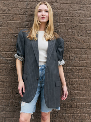 Classic Oversized Wool Blazer in Gray Pinstriped