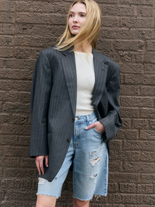 Classic Oversized Wool Blazer in Gray Pinstriped