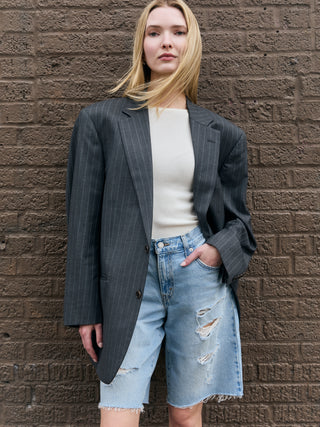 Classic Oversized Wool Blazer in Gray Pinstriped