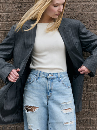 Classic Oversized Wool Blazer in Gray Pinstriped