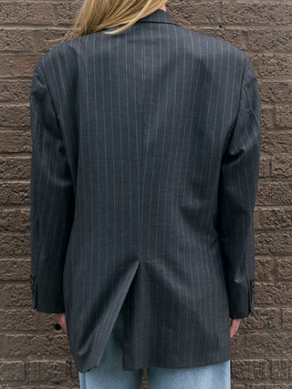Classic Oversized Wool Blazer in Gray Pinstriped