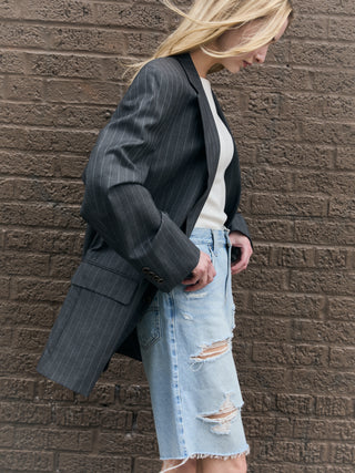 Classic Oversized Wool Blazer in Gray Pinstriped