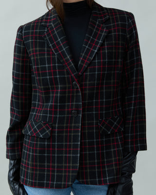 Classic Plaid Wool Blazer in Red Black Multi