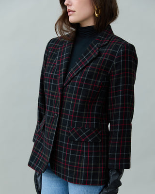 Classic Plaid Wool Blazer in Red Black Multi