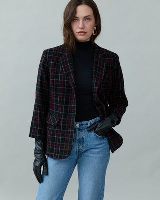 Classic Plaid Wool Blazer in Red Black Multi