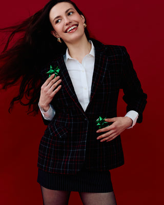 Classic Plaid Wool Blazer in Red Black Multi