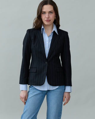 Fitted Wool Blazer in Dark Gray Pinstripe