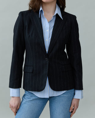 Fitted Wool Blazer in Dark Gray Pinstripe