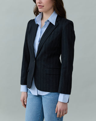 Fitted Wool Blazer in Dark Gray Pinstripe