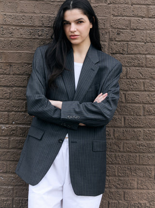 Classic Wool Blazer in Dark Gray Pinstripe