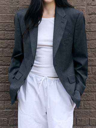 Classic Wool Blazer in Dark Gray Pinstripe