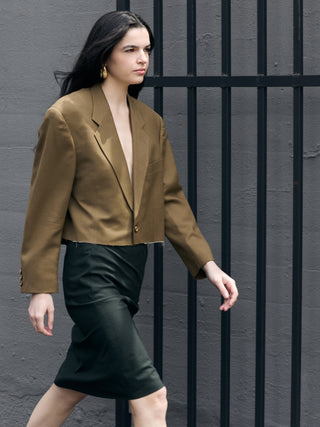 Cropped Raw Hem Blazer in Golden Brown