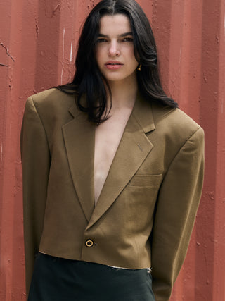 Cropped Raw Hem Blazer in Golden Brown