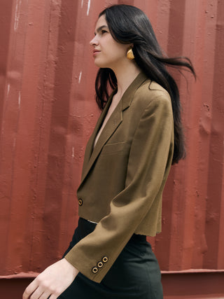 Cropped Raw Hem Blazer in Golden Brown