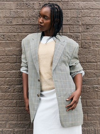Vintage Silk and Wool Plaid Blazer in Cream Multi