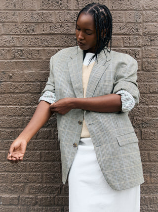 Vintage Silk and Wool Plaid Blazer in Cream Multi