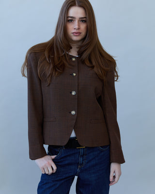 Plaid Collarless Jacket in Brown Multi