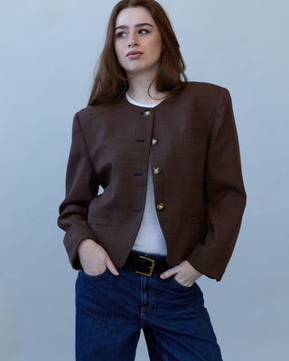 Plaid Collarless Jacket in Brown Multi