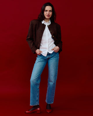 Plaid Collarless Jacket in Brown Multi