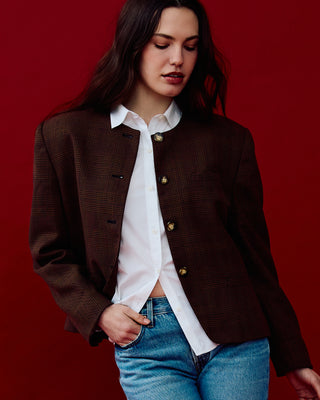 Plaid Collarless Jacket in Brown Multi