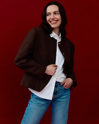 Plaid Collarless Jacket in Brown Multi