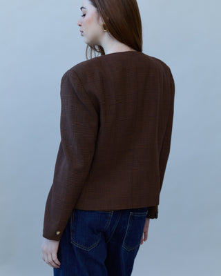Plaid Collarless Jacket in Brown Multi