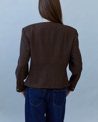 Plaid Collarless Jacket in Brown Multi
