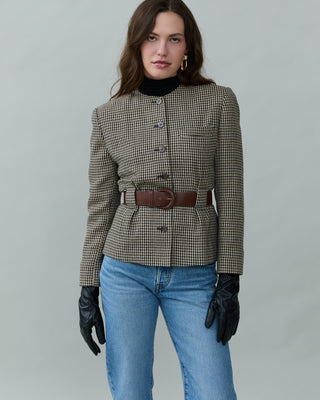 Vintage Belted Houndstooth Blazer in Brown