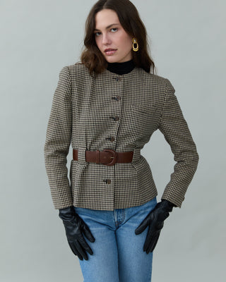 Vintage Belted Houndstooth Blazer in Brown