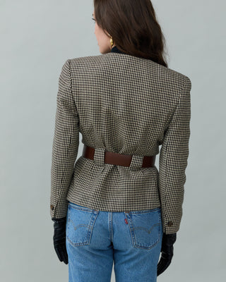 Vintage Belted Houndstooth Blazer in Brown