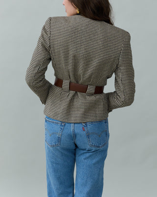 Vintage Belted Houndstooth Blazer in Brown