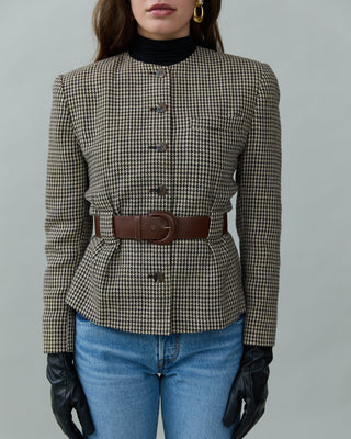 Vintage Belted Houndstooth Blazer in Brown