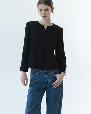 Silk Brocade Button Closure Top in Black