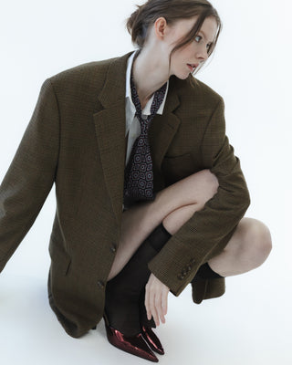 Wool Micro Plaid Blazer in Dark Brown Multi