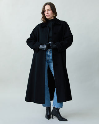 Velvet Trim Wool Coat in Black
