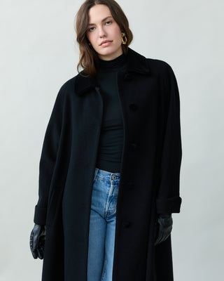 Velvet Trim Wool Coat in Black