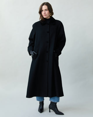 Velvet Trim Wool Coat in Black