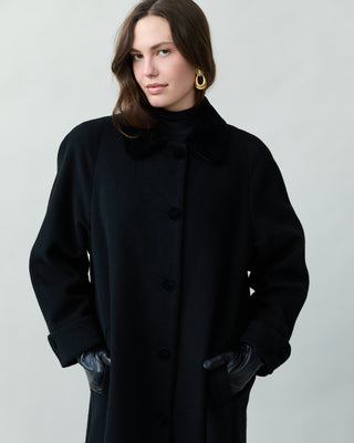 Velvet Trim Wool Coat in Black