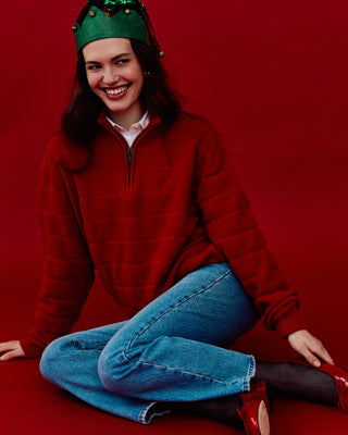 Cotton Half Zip Sweater in Red