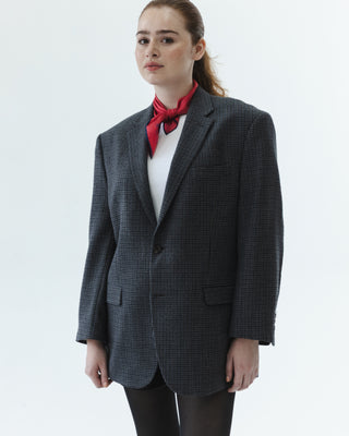 Wool Oversized Blazer in Gray Navy Plaid